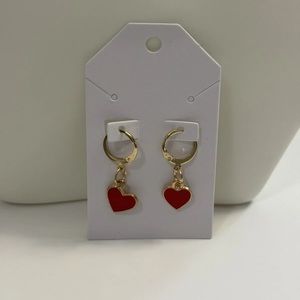 Huggie Hoop Leverback Earrings with Red Heart drop charms 24K Gold Plated